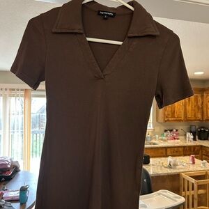 Brown Ribbed Polo V-Neck Tee
